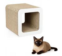 QLS Meubles pour chat en carton ondulé - 37 x 30 x 30 cm - Griffoir - Grotte pour chat - Espace de couchage avec jouet pour chat et herbe à chat (blanc)