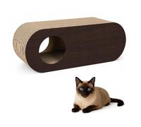 QLS Meubles pour chat en carton ondulé et HDF - 75 × 27 × 29 cm - Griffoir, grotte pour chat, couchette - Avec jouet pour chat et herbe à chat (marron)