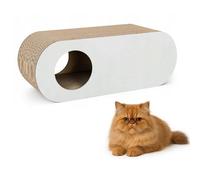 QLS Meubles pour chat en carton ondulé et HDF - 75 × 27 × 29 cm - Griffoir, grotte pour chat, couchette - Avec jouet pour chat et herbe à chat (gris clair)