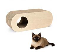 QLS Meubles pour chat en carton ondulé et HDF - 75 × 27 × 29 cm - Griffoir, grotte pour chat, couchette - Avec jouet pour chat et herbe à chat (beige)