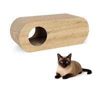 QLS Meubles pour chat en carton ondulé et HDF - 75 × 27 × 29 cm - griffoir, grotte pour chat, couchette - avec jouet pour chat et herbe à chat (chêne Sonoma)