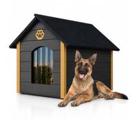 QLS Niche pour chien 104 x 74 cm Taille XL isolée en pin Gris-miel | Abri de retraite protégé pour grands chiens avec parois isolées pour plus de chaleur, sol en feutre OSB et rideau de