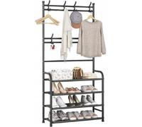 QLS Portemanteau avec étagère à chaussures 8 crochets 4 niveaux Autonome Noir 11074