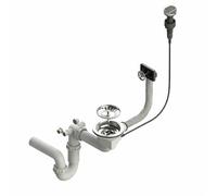 QLS Siphon automatique à bac pour évier de cuisine | Évacuation peu encombrante 3 1/2" | Avec tige de vidange et raccord pour lave-vaisselle et machine à laver | Acier inoxydable et PVC (chrome)