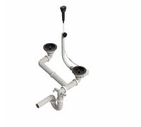 QLS Siphon automatique à double bac pour évier de cuisine | Évacuation peu encombrante 3 1/2" | Avec tige de vidange et raccord pour lave-vaisselle ou machine à laver | Or et PVC (noir)