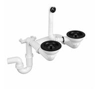 QLS Siphon manuel 3 1/2" pour double bac en acier inoxydable PVC peu encombrant avec raccord pour lave-vaisselle ou machine à laver (noir)