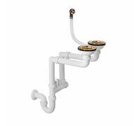 QLS Siphon manuel 3 1/2" pour double bac en acier inoxydable PVC peu encombrant avec raccord pour lave-vaisselle ou machine à laver (doré)