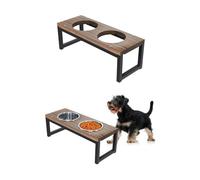QLS Support de gamelle pour chien en bois et acier flammé 17,5 cm Double gamelle avec 2 gamelles de 0,9 l
