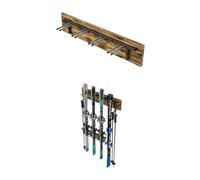 QLS Support mural pour skis S3 pour 4 paires de 83 cm en acier et bois avec crochets en bois pour bâtons de marche nordique, randonnée et ski