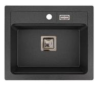 QLS YORK Évier en granit 59 x 50 cm, à 1 bac, noir métallisé, avec siphon, gabarit, résistant aux rayures et à la chaleur, pour armoires inférieures de 60 cm, emballage sûr pour le transport