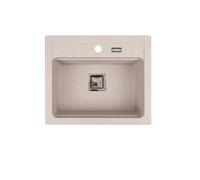 QLS YORK Évier encastrable en granit 59 x 50 cm, 1 baignoire, beige, avec siphon, pochoir - anti-rayures et résistant à la chaleur - Pour armoires de 60 cm - dans un emballage résistant au transport