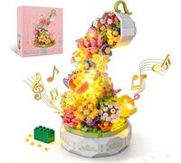 QLT QIAOLETONG Plantes, fleurs, amis, jouets de construction, boîte rotative, fleurs, avec lumière LED, briques de construction, cadeau pour adultes, décoration de fête des mères (575 pièces)