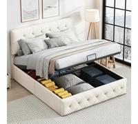 QLTXYHML Lit Coffre 140x200, Lit Double Rembourré avec Rangement, Tête de Lit Capitonné Réglable en Hauteur, Cadre de Lit avec Rangement Hydraulique, Sommier à Lattes Inclus (Beige, 140x200 cm)