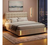 QLTXYHML Lit Coffre 160x200, 2 Personnes, Éclairage LED à Détecteur de Mouvement, Tête de Lit Artistique en Forme de Nuage, avec sommier à Lattes et Cadre de lit en métal (Beige, 160x200 cm)