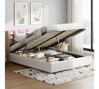 QLTXYHML Lit Coffre 160x200, Lit Double avec Éclairage LED, Tête de lit avec étagère et Rangement caché, Cadre de Lit avec Sommier Relevable Hydraulique (Blanc, 160x200 cm)