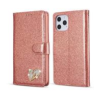QLTYPRI Compatible avec iPhone 12/iPhone 12 Pro, étui portefeuille à rabat en cuir PU pailleté avec porte-cartes et dragonne, résistant aux chocs, cœur incrusté de diamants, or rose