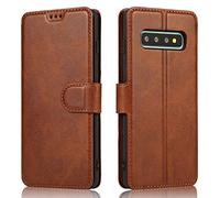 QLTYPRI Coque pour Samsung Galaxy S10, Simple Housse Fine PU Leather Case [Porte-Carte] [Fonction Stand] [Fermeture Magnétique] Flip Portefeuille Etui Compatible avec Samsung Galaxy S10 - Marron