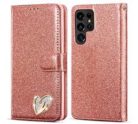QLTYPRI Étui pour Samsung Galaxy S25 Ultra Coque, Flip Case Étui Paillette Glitter Bling Portefeuille en Cuir Housse avec Porte Carte Magnétique Wallet Cover pour Samsung Galaxy S25 Ultra - Or Rose