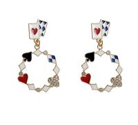 QLUYCKW Boucles d'oreilles pendantes asymétriques en forme de carte de poker en forme de lapin, pentagramme chic, cœur rouge et as en émail plaqué or, réveil, boucles d'oreilles pendantes pour femme