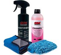 QM Cleaner Kit de nettoyage et de lustrage pour carrosserie de voiture | Comprend un shampoing concentré (500 ml), une cire rapide à la carnauba (500 ml), un gant de lavage et deux microfibres