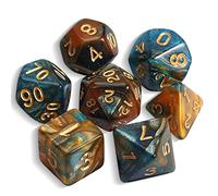 QMAY DND Lot de 7 dés polyédriques pour Donjons et Dragons MTG RPG D&D D20, D12, D10, D%, D8, D6, D4 (Bleu avec Brun + Paillettes)