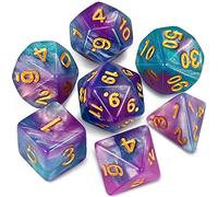 QMAY DND Lot de 7 dés polyédriques pour Donjons et Dragons MTG RPG D&D D20, D12, D10, D%, D8, D6, D4 (Bleu lac avec Violet + Paillettes)