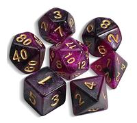 QMAY DND Lot de 7 dés polyédriques pour Donjons et Dragons MTG RPG D&D D20, D12, D10, D%, D8, D6, D4 (Violet avec Noir + Paillettes)