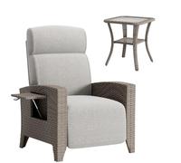 QMBLSNSQ Set Salon Jardin 2 Pièces - 1 Fauteuil Relax Rotin PE (150kg) + 1 Table d'Appoint en Verre Trempé (80kg) - Housse de Protection Incluse - Résistant aux Intempéries