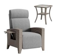 QMBLSNSQ Set Salon Jardin 2 Pièces - 1 Fauteuil Relax Rotin PE (150kg) + 1 Table d'Appoint en Verre Trempé (80kg) - Housse de Protection Incluse - Résistant aux Intempéries
