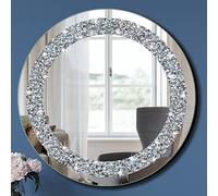 QMDECOR Miroir rond argenté avec strass écrasés en cristal pour décoration murale, 50 x 50 x 2,5 cm, à suspendre au mur, sans cadre, magnifique, glamour, décoration d’intérieur.