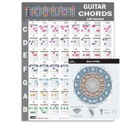QMG Feuille de triche d'accords de guitare pour gaucher et tableau du cercle des cinquièmes - Tableau de théorie musicale plastifié A4 pour débutants