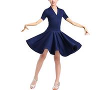 QMIQMI Fille Manches Courtes Standard Robe De Danse Latine Enfants Danse De Salon Big Swing Jupe pour Salsa Rumba Cha Cha Samba Tango Top Costume De Danse Professionnelle,Blue 1,10 Years