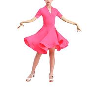 QMIQMI Fille Manches Courtes Standard Robe De Danse Latine Enfants Danse De Salon Big Swing Jupe pour Salsa Rumba Cha Cha Samba Tango Top Costume De Danse Professionnelle,Rose,14 Years