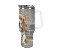 QMKFWT Basset Hound - Tasse à café de voyage réutilisable en acier inoxydable durable avec poignée et paille, résistant aux fuites, portable, tasse isotherme pour homme et femme, 1,2 l