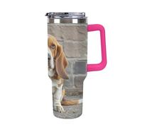 QMKFWT Basset Hound - Tasse à café de voyage réutilisable en acier inoxydable durable avec poignée et paille, résistant aux fuites, portable, tasse isotherme pour homme et femme, 1,2 l