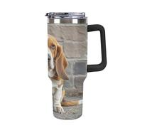 QMKFWT Basset Hound - Tasse à café de voyage réutilisable en acier inoxydable durable avec poignée et paille, résistant aux fuites, portable, tasse isotherme pour homme et femme, 1,2 l