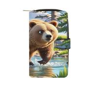 QMKFWT Bear Crossing The River Portefeuille long en cuir pour chéquier classique à deux volets avec fenêtre pour carte d'identité