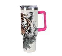 QMKFWT Black And White Doodle Tiger - Tasse à café de voyage réutilisable en acier inoxydable durable avec poignée et paille, résistant aux fuites, portable, tasse isotherme pour homme et femme, 1,2 l
