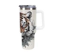 QMKFWT Black And White Doodle Tiger - Tasse à café de voyage réutilisable en acier inoxydable durable avec poignée et paille, résistant aux fuites, portable, tasse isotherme pour homme et femme, 1,2 l