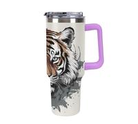 QMKFWT Black And White Doodle Tiger - Tasse à café de voyage réutilisable en acier inoxydable durable avec poignée et paille, résistant aux fuites, portable, tasse isotherme pour homme et femme, 1,2 l