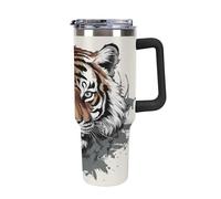 QMKFWT Black And White Doodle Tiger - Tasse à café de voyage réutilisable en acier inoxydable durable avec poignée et paille, résistant aux fuites, portable, tasse isotherme pour homme et femme, 1,2 l