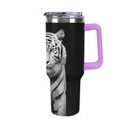 QMKFWT Black And White Tiger - Tasse à café de voyage réutilisable en acier inoxydable durable avec poignée et paille, résistant aux fuites, portable, tasse isotherme pour homme et femme, 1,2 l