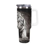 QMKFWT Black And White Tiger - Tasse à café de voyage réutilisable en acier inoxydable durable avec poignée et paille, résistant aux fuites, portable, tasse isotherme pour homme et femme, 1,2 l