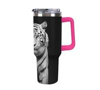 QMKFWT Black And White Tiger - Tasse à café de voyage réutilisable en acier inoxydable durable avec poignée et paille, résistant aux fuites, portable, tasse isotherme pour homme et femme, 1,2 l