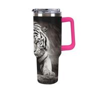 QMKFWT Black And White Tiger - Tasse à café de voyage réutilisable en acier inoxydable durable avec poignée et paille, résistant aux fuites, portable, tasse isotherme pour homme et femme, 1,2 l
