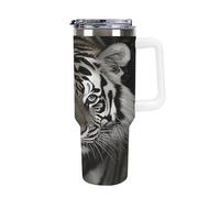 QMKFWT Black And White Tiger - Tasse à café de voyage réutilisable en acier inoxydable durable avec poignée et paille, résistant aux fuites, portable, tasse isotherme pour homme et femme, 1,2 l