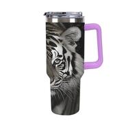 QMKFWT Black And White Tiger - Tasse à café de voyage réutilisable en acier inoxydable durable avec poignée et paille, résistant aux fuites, portable, tasse isotherme pour homme et femme, 1,2 l