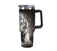 QMKFWT Black And White Tiger - Tasse à café de voyage réutilisable en acier inoxydable durable avec poignée et paille, résistant aux fuites, portable, tasse isotherme pour homme et femme, 1,2 l