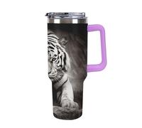 QMKFWT Black And White Tiger - Tasse à café de voyage réutilisable en acier inoxydable durable avec poignée et paille, résistant aux fuites, portable, tasse isotherme pour homme et femme, 1,2 l
