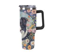 QMKFWT Border Collie Florals - Tasse à café de voyage réutilisable en acier inoxydable durable avec poignée et paille, résistant aux fuites, portable, gobelet isotherme pour homme et femme, 1,2 l